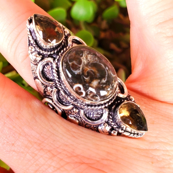New Turtella Agate Fossil and Smoky Quartz 925 Silver Statement Ring. - Picture 1 of 16